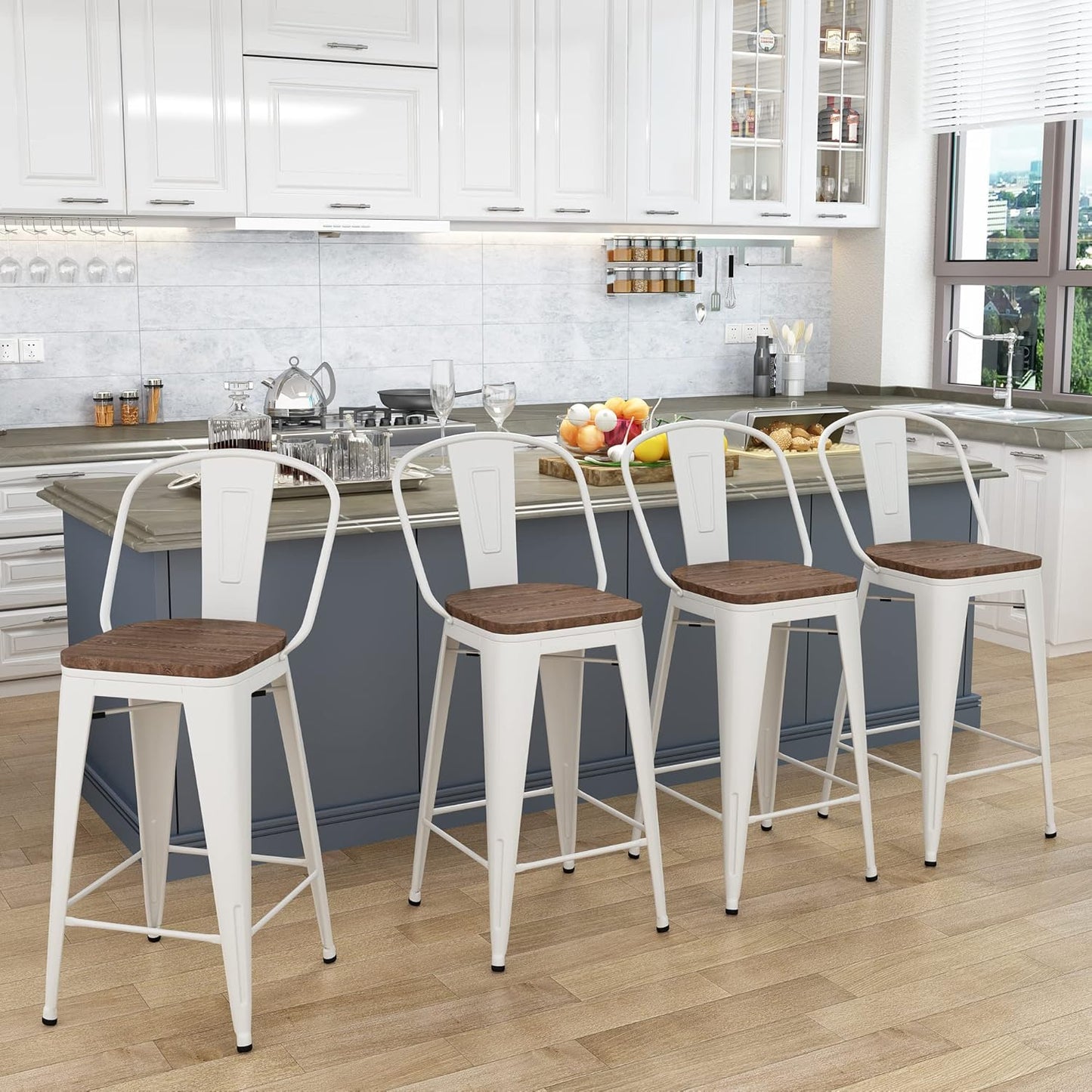 Yongqiang 30 inch Bar Stools Set of 4 Farmhouse Bar Height Stools High Back Kitchen Bar Chairs Cream White Metal Barstools with Large Wooden Seat