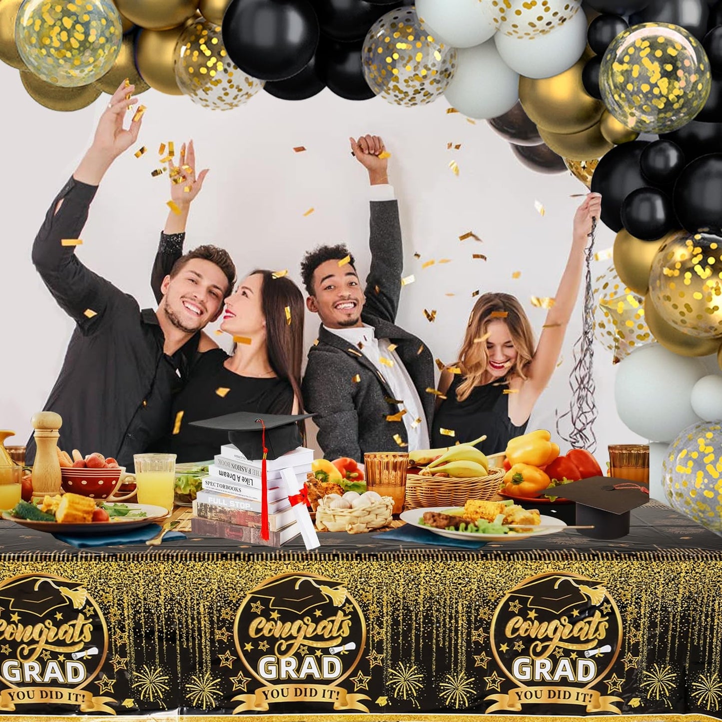 Graduation Decorations 2026, Black and Gold Balloon Garland Arch, Black and Gold Graduation Decorations with Congrats Grad Tablecloth and Class of 2026 Backdrop for High School College Grad Party