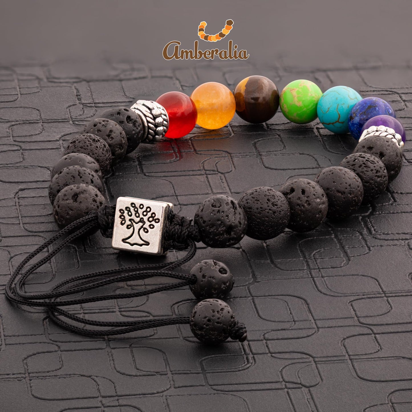 Amberalia Chakra Bracelet, Adjustable, Lava Stone Beads, Tree of Life Charm, Silver