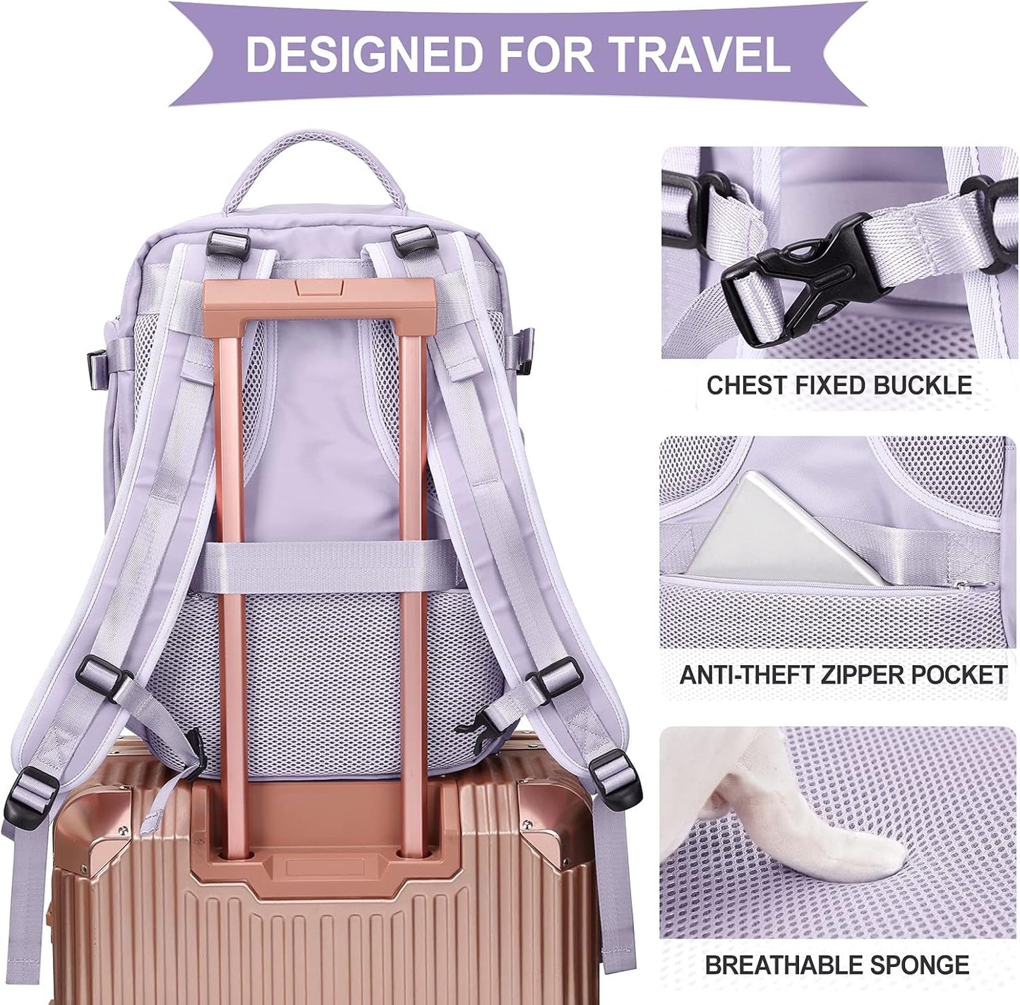 coowoz Large Travel Backpack For Women Men,Carry On Flight Approved,Hiking Waterproof Outdoor Sports Rucksack Casual Daypack Fit 15.6 Inch Laptop Shoes Compartment (Purple)