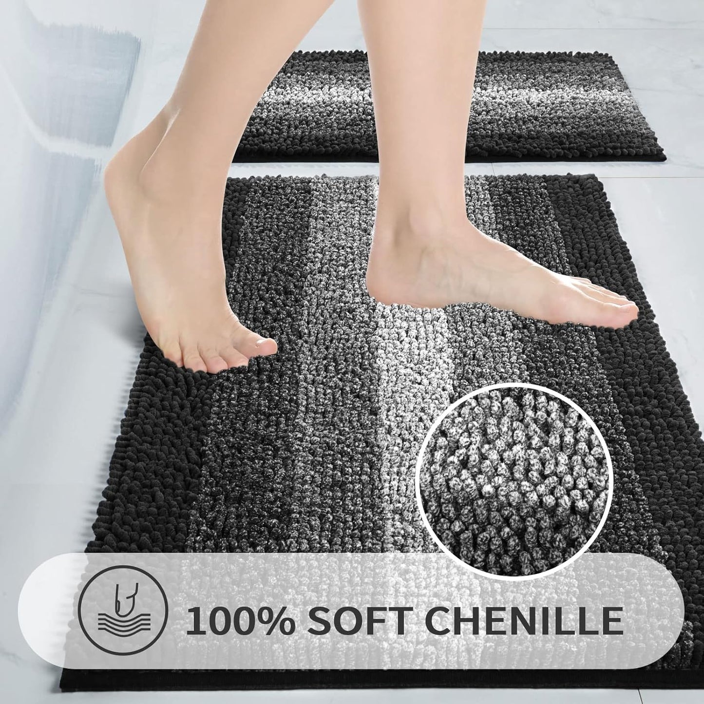 Gibelle Black Bathroom Rug Set 2 Piece, Chenille Non Slip Bath Mat Set, Absorbent Shower Rug and Bath Room Floor Mats, Quick Dry Bathmat Bathroom Decor Accessories for Tub, 16" x 24", 20" x 32"