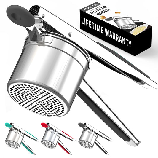 Minteem Large 15oz Potato Ricer for Mashed Potatoes, Heavy Duty 18/8 Stainless Steel Potato Masher for Baby Food & Spaetzle Maker, Masher and Ricer Kitchen Tool, Press and Mash Kitchen Gadget, Black