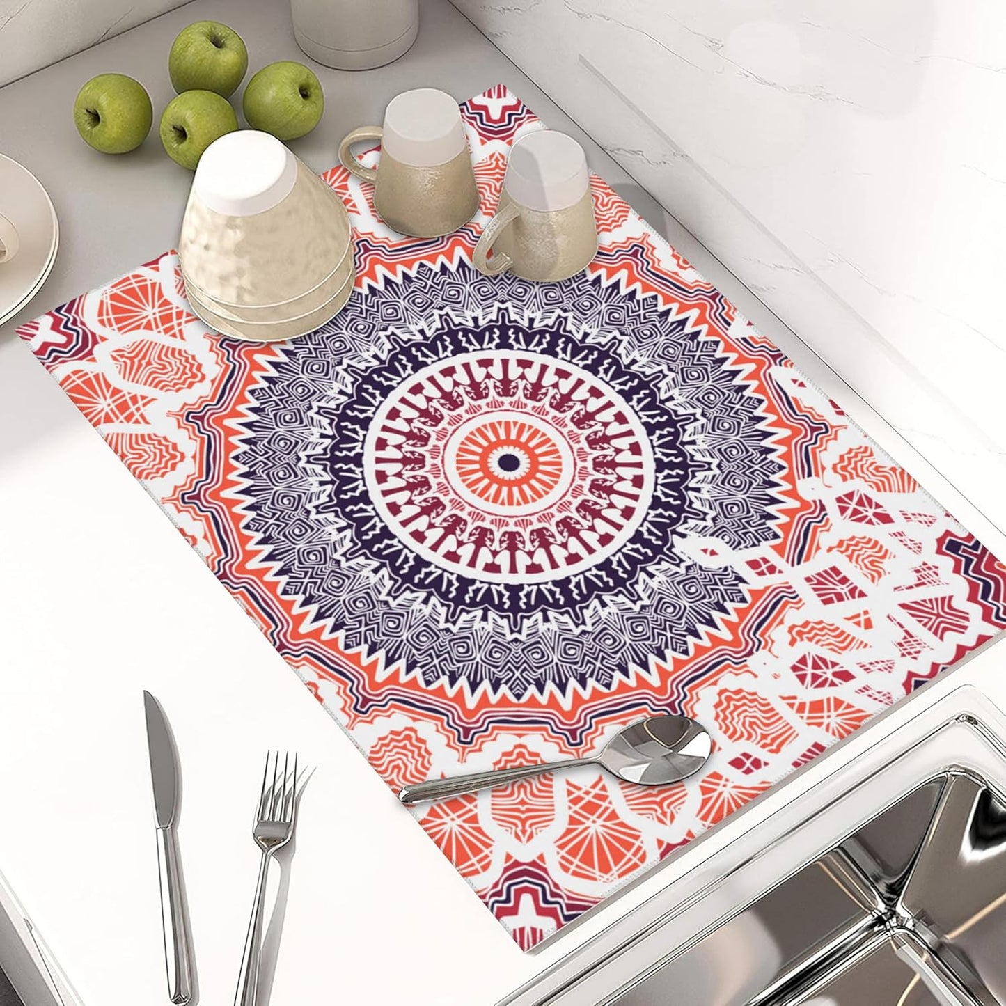 Large Dish Drying Mat for Kitchen Counter,18"X24" Mandala Flowers Super Absorbent Reversible Microfiber Dish Drying Mat Dish Drainer Mat,Dishes Mat Drying Pad for Kitchen Countertop Coffee Bar