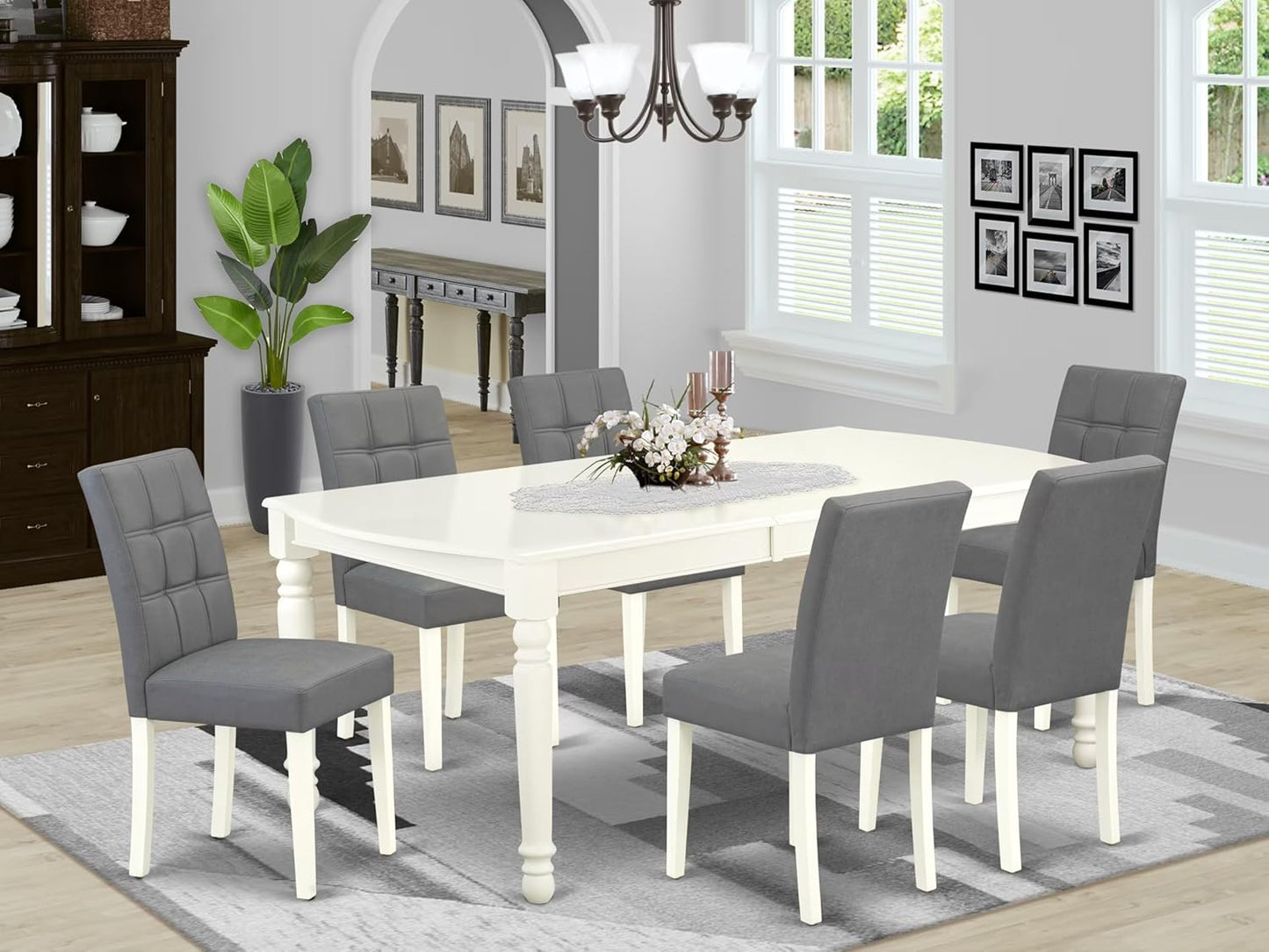 East West Furniture DOAS7-LWH-41 7 Piece Modern Dining Table Set Includes A Wood Table and 6 Platinum Gray Polyester Fabric Padded Chairs with Stylish Back- Linen White Finish