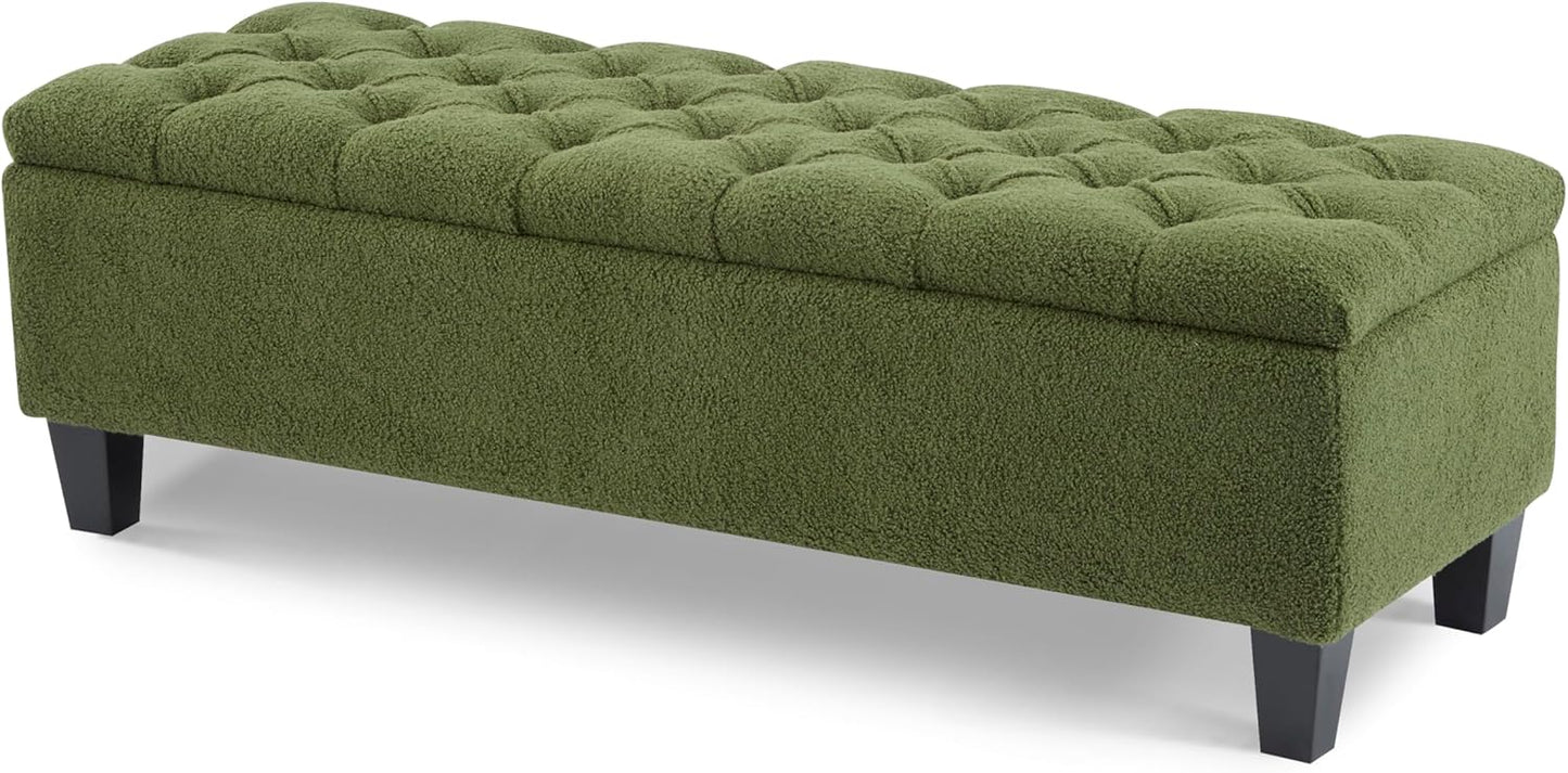 Christopher Knight Home Ottilie Boucle Fabric Storage Ottoman Bench, Wooden Rectangular Ottoman with Storage, Bedroom End of Bed Foot Stool, Entryway Ottoman Footrest, Living Room Extra Seat, Green