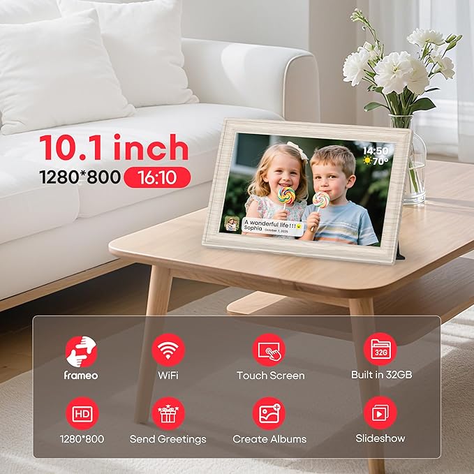 Frameo 10.1" WiFi Digital Picture Frame with 32GB Memory, 1280 x 800 IPS HD Touch Screen Electronic Photo Frame, Auto-Rotate, Slideshow, Share Photos/Video Remotely Anywhere White Wood Grain