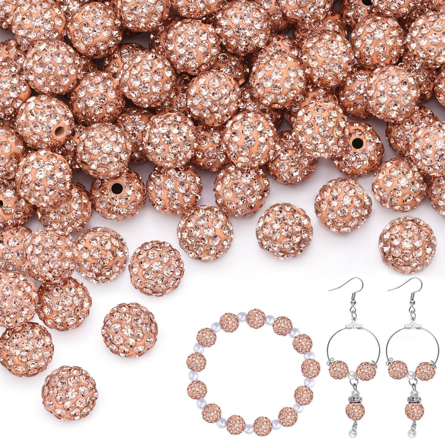 200pcs 10mm Light Peach Rhinestone Beads for Jewelry Making, Shiny Round Shamballa Disco Ball Beads, Sparkle Crystal Clay Christmas for Bracelet Baseball Necklace Earring Crafting and DIY