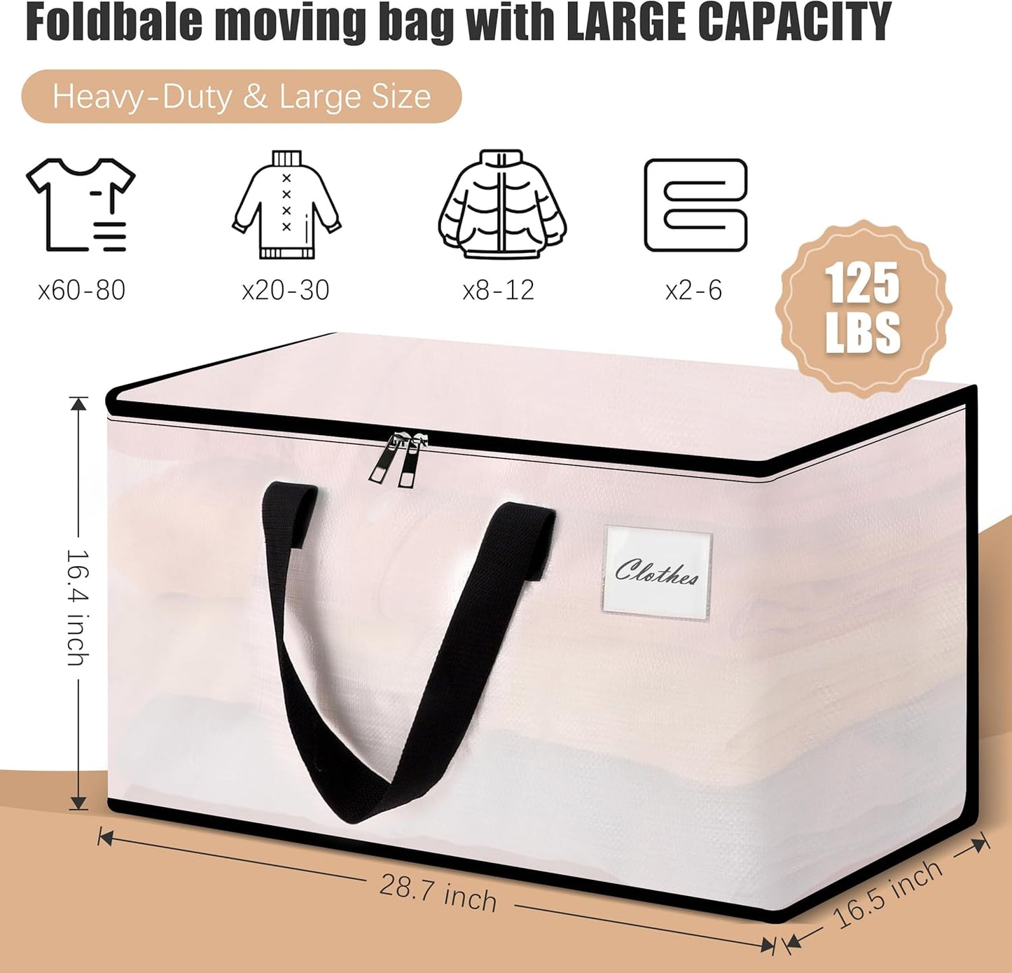 Heavy Duty Moving Bags - Extra Large Packing Bags and Storage Totes, Collapsible and Foldable Option for Moving and Storage, Clear, 125 L - 6 Pack