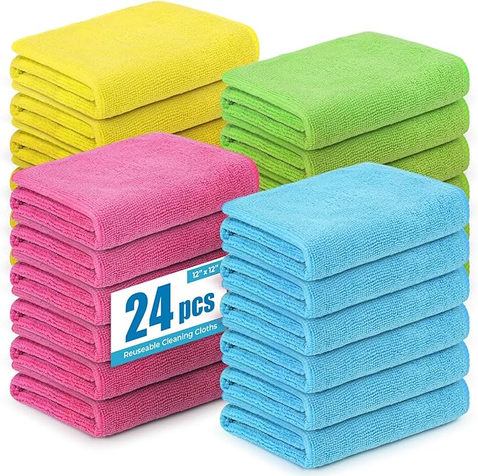 Microfiber Cleaning Cloths 12x12IN 24Pack Colour Lint Free Kitchen Cloths - Extra Thick, Streak-Free, Lint-Free, Fast Absorbent - Reusable Multi-Purpose Housekeeping Rags for Cars, Dishes, Floors