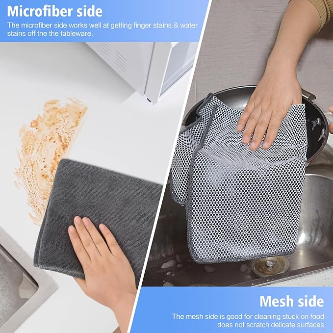 KinHwa Kitchen Washcloths for Dishes Absorbent Microfiber Dish Cloths Quick Dry Dish Rags with Poly Scour Scrub Side Ideal for Kitchen Cleaning (Gray, 15inchx25inch 6pack)