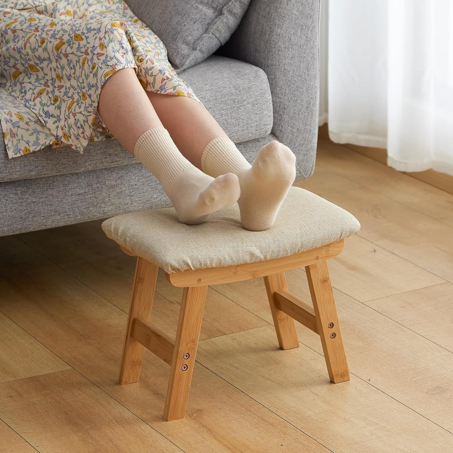 Foot Stool Ottoman Foot Rest Under Desk,Small Stool for Living Room, Bedroom and Kitchen (Natural Legs - Beige Stool Surface)