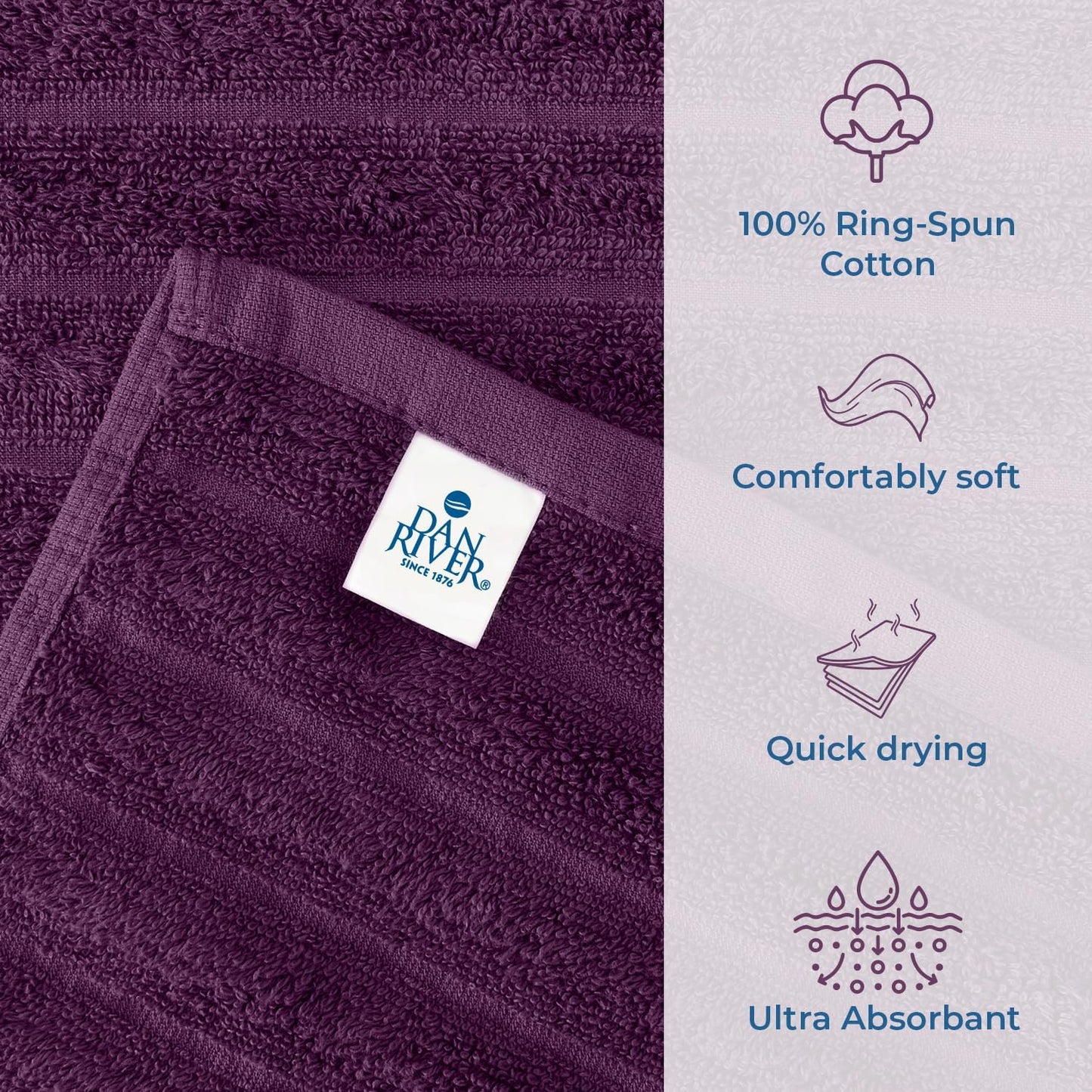 Dan River Pack of 2 Bath Sheet 35x70 Inches, Oversized Ribbed Quick Dry Towel, Soft Luxury Towels for Bathroom - Purple Passion