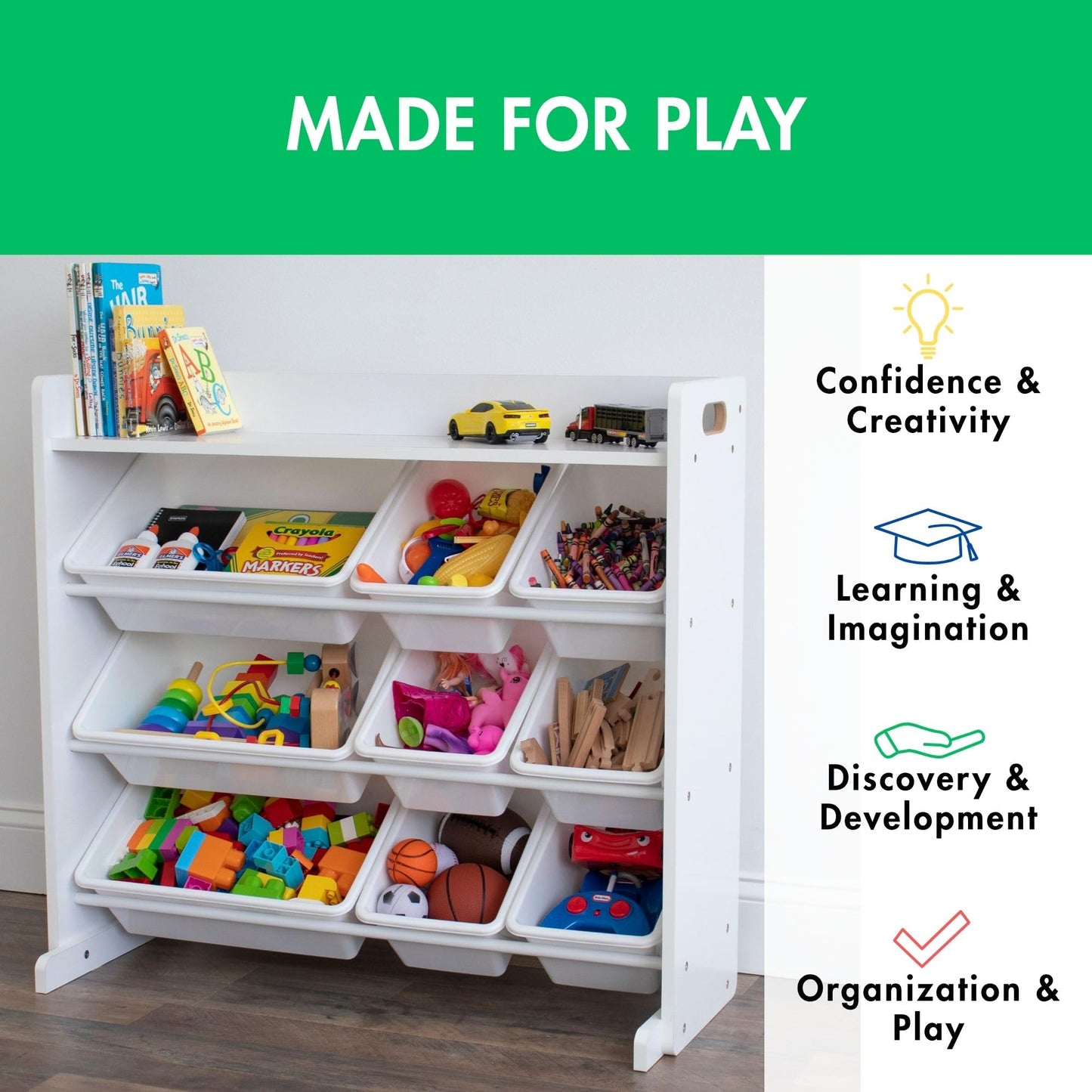 Humble Crew Toy Storage Organizer with 9 Removable Storage Bins for Kids Playroom, 3-Tier with Top Shelf Toddler Toy Organization, White/White