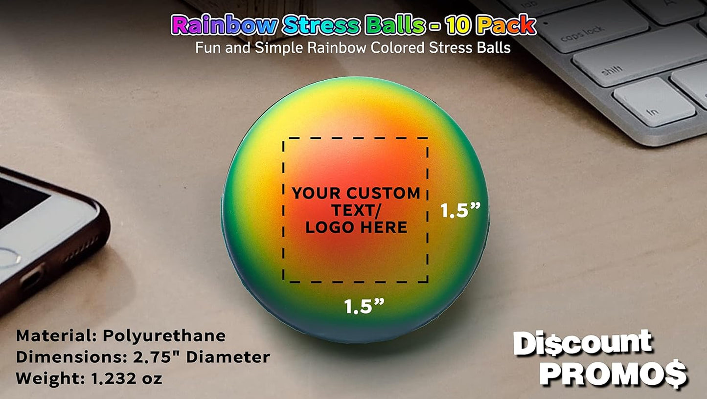 DISCOUNT PROMOS Custom Rainbow Squeeze Balls Set of 10, Personalized Bulk Pack - Perfect for Promotional Giveaways - Rainbow