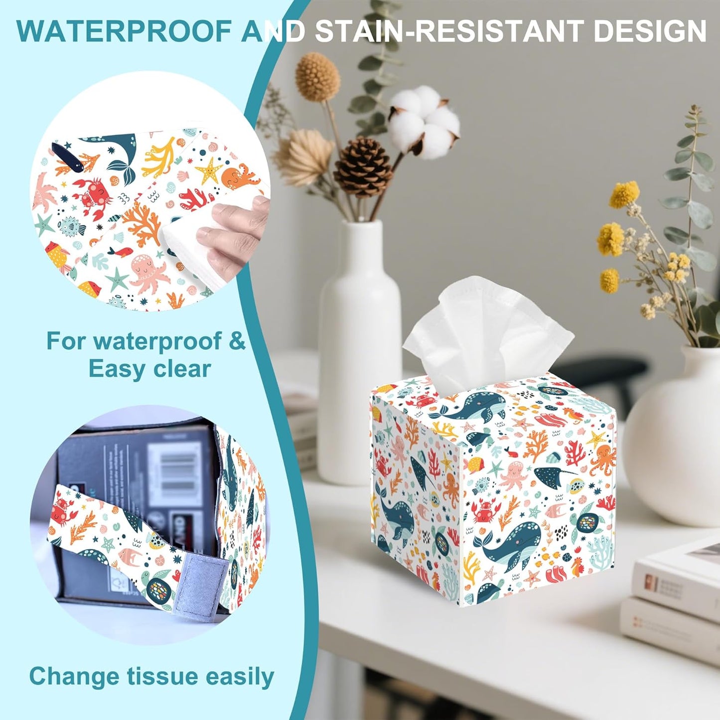 Cute Sea Life Tissue Box Cover,Whale Tissue Box Holder Square with Bottom Belt,Waterproof Leather Organizer Portable Decorative Facial Paper for Bedroom Dresser Night Stand Office,5.2" x 5.2" x 5.2"