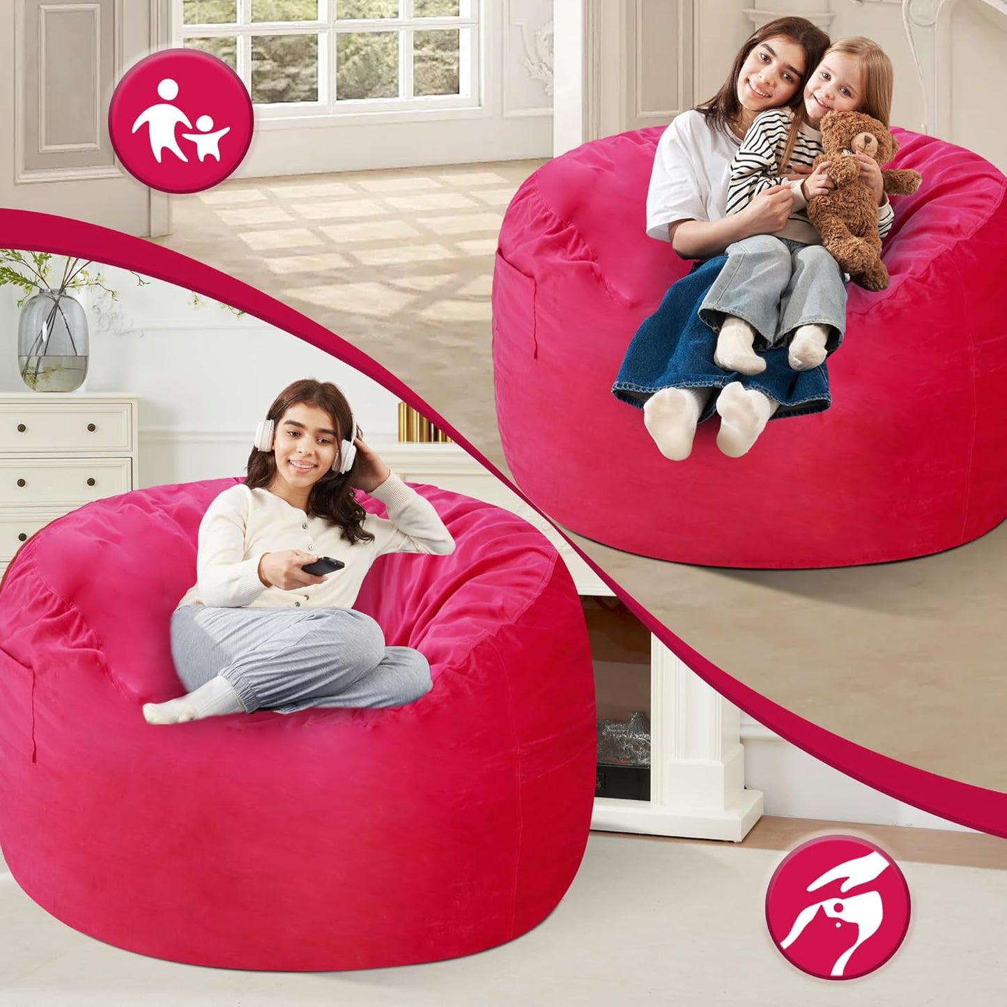 Homguava 4 FT Bean Bag Chair: 4' Bean Bags with Memory Foam Filled, Large Beanbag Chairs Soft Sofa with Dutch Velvet Cover-Pink