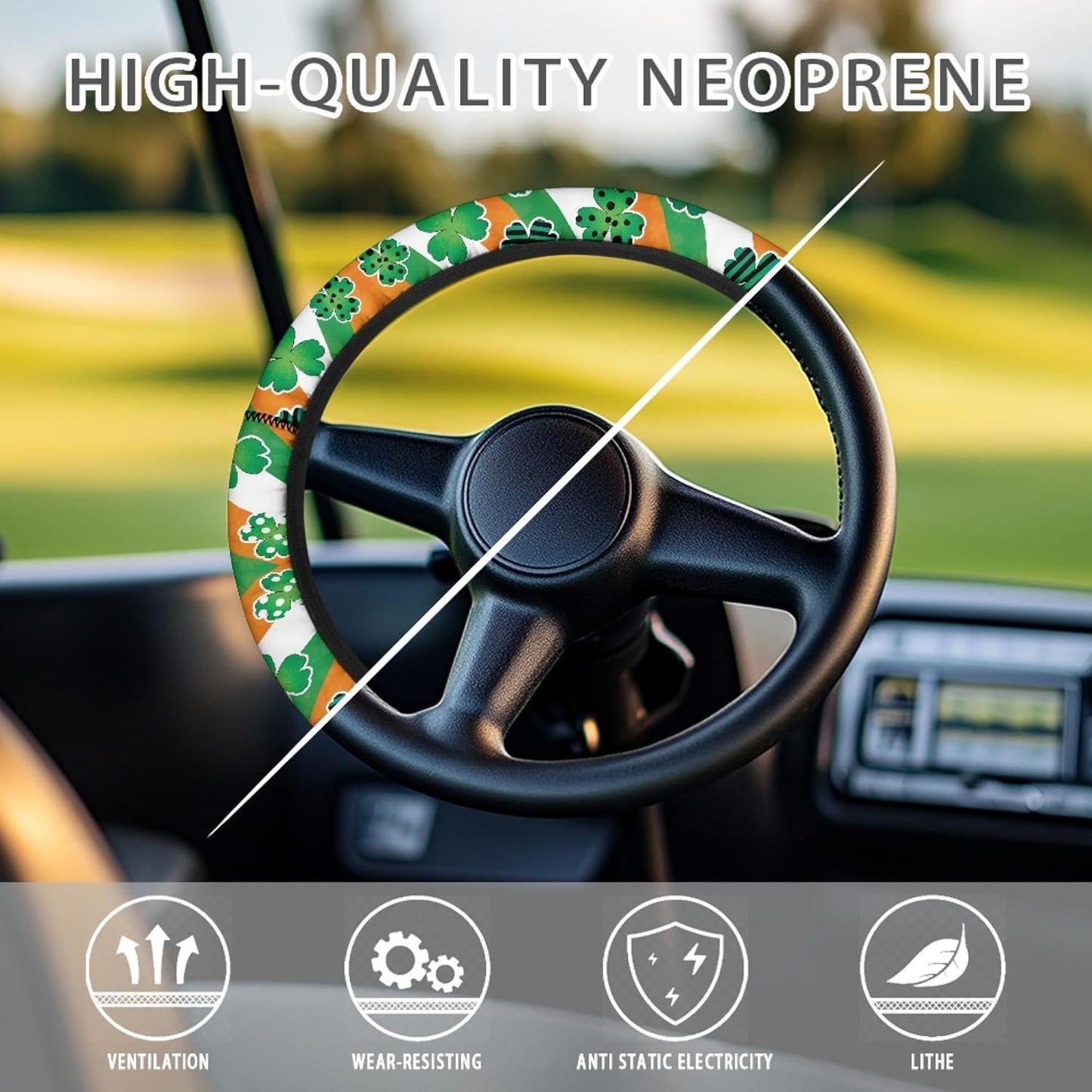 St. Patrick's Day Golf Cart Steering Wheel Protector Cover Green Leaves Golf Cart Steering Wheel Covers Fit 13-14 Inch Car Steering Wheel Covers for Club Car Sweat Absorption