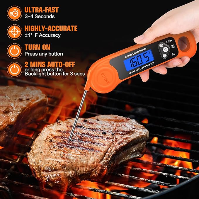 Digital Meat Thermometer for Grilling, Candy Thermometer Instant Read Food Thermometer Waterproof with Backlight for Cooking, Deep Fry, BBQ, Grill, Smoker and Roast (Orange)