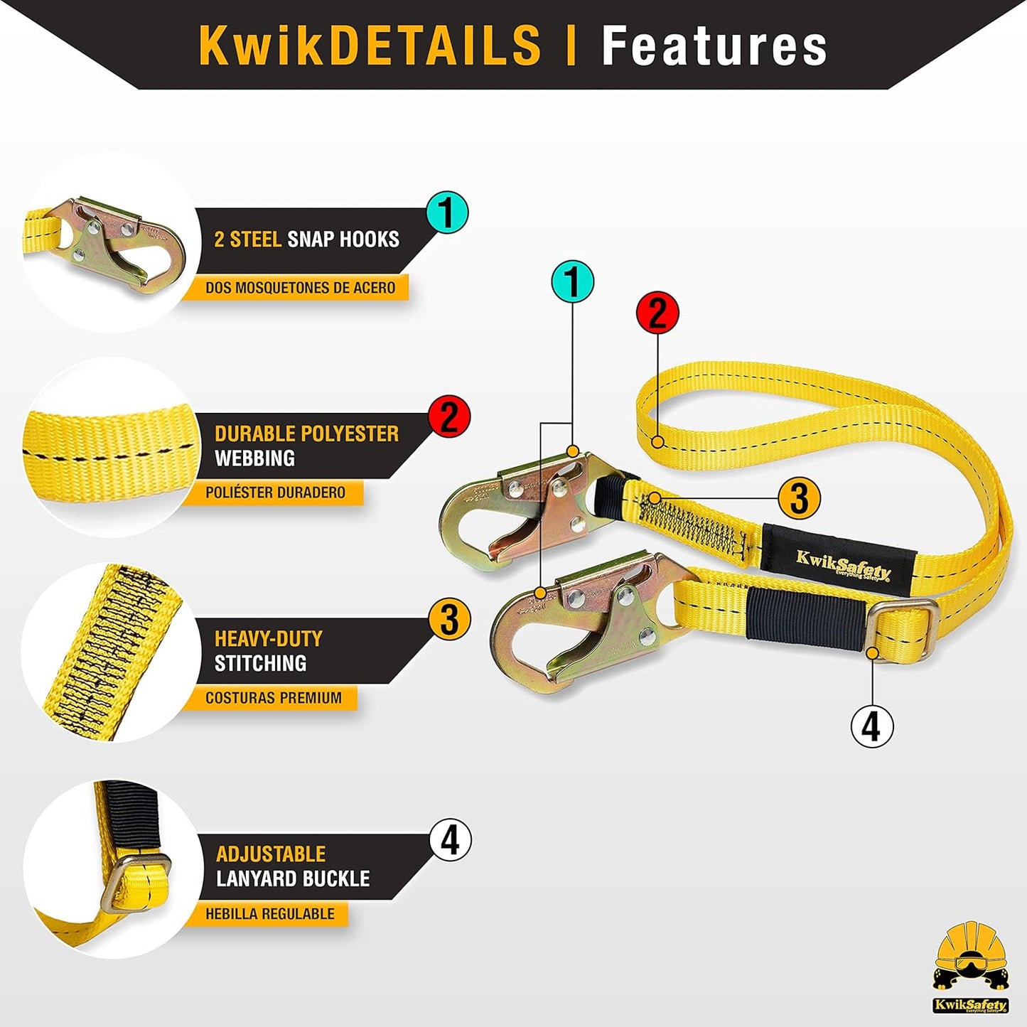 KwikSafety Positioning Lanyard - 4' to 6' Adjustable, No Shock Absorber, ANSI/OSHA Rated for Tree Climbing, Roof Work, Safety Harnesses - Copperhead