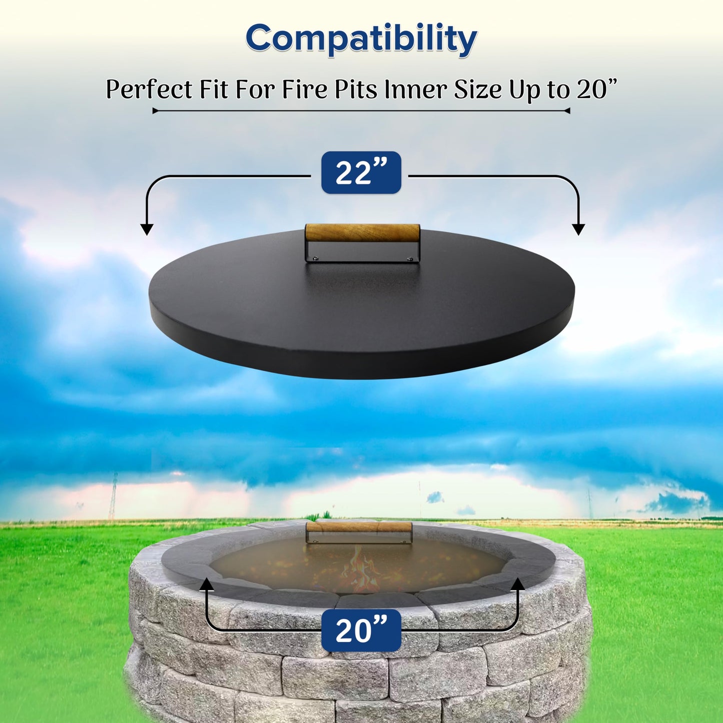 22” firepit lid round for inside up to 20” gas fire pit lid for Outdoor Fireplace Cover Lid Steel fire pit metal cover W/ Wooden Handle & Powder Coated Snuffer Lid for Round Patio Fire Pit Ring