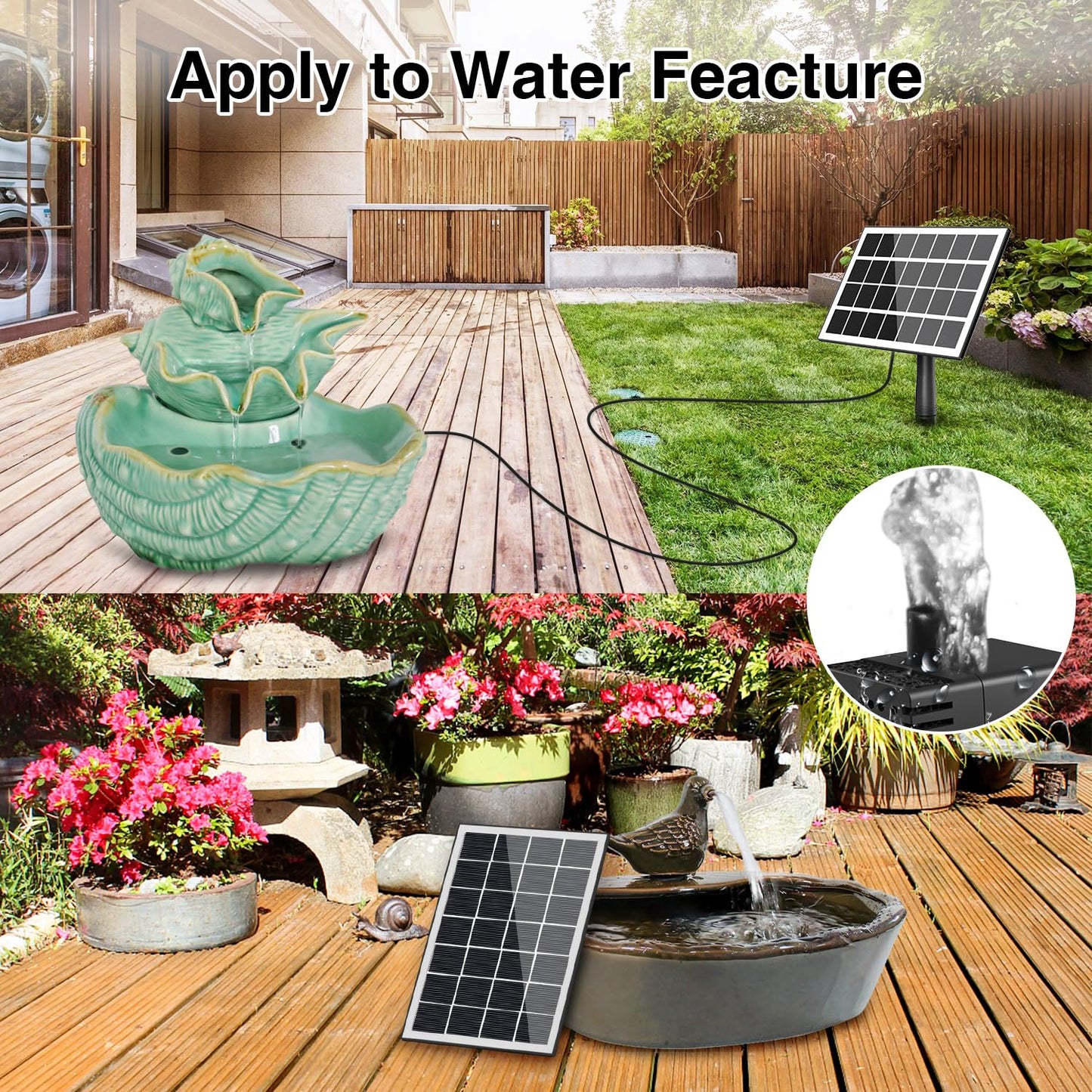 Jutai Solar Fountain Works in Cloudy Day with 2000mAH Battery Backup, 3.5W Glass Panel DIY Water Pump Kit with Sucker and Stake for Bird Bath, Water Feature,Garden, Outdoor-7 Nozzles,16.4ft Power Cord