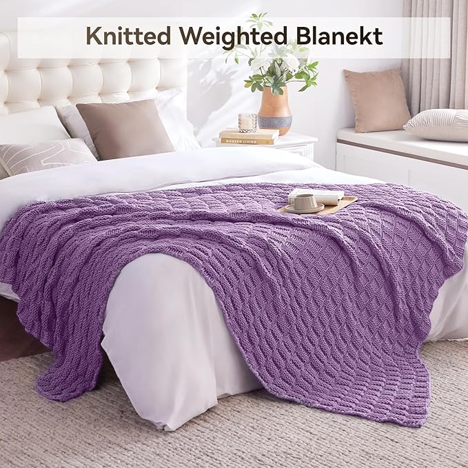 Knitted Weighted Blanket Adult, No Beads Heavy Blanket 60” x 80'' 17lbs, Breathable Chunky Knit Blanket, Cooling Weighted Blanket for Hot Sleepers, Christmas Home Decor (Lilac)