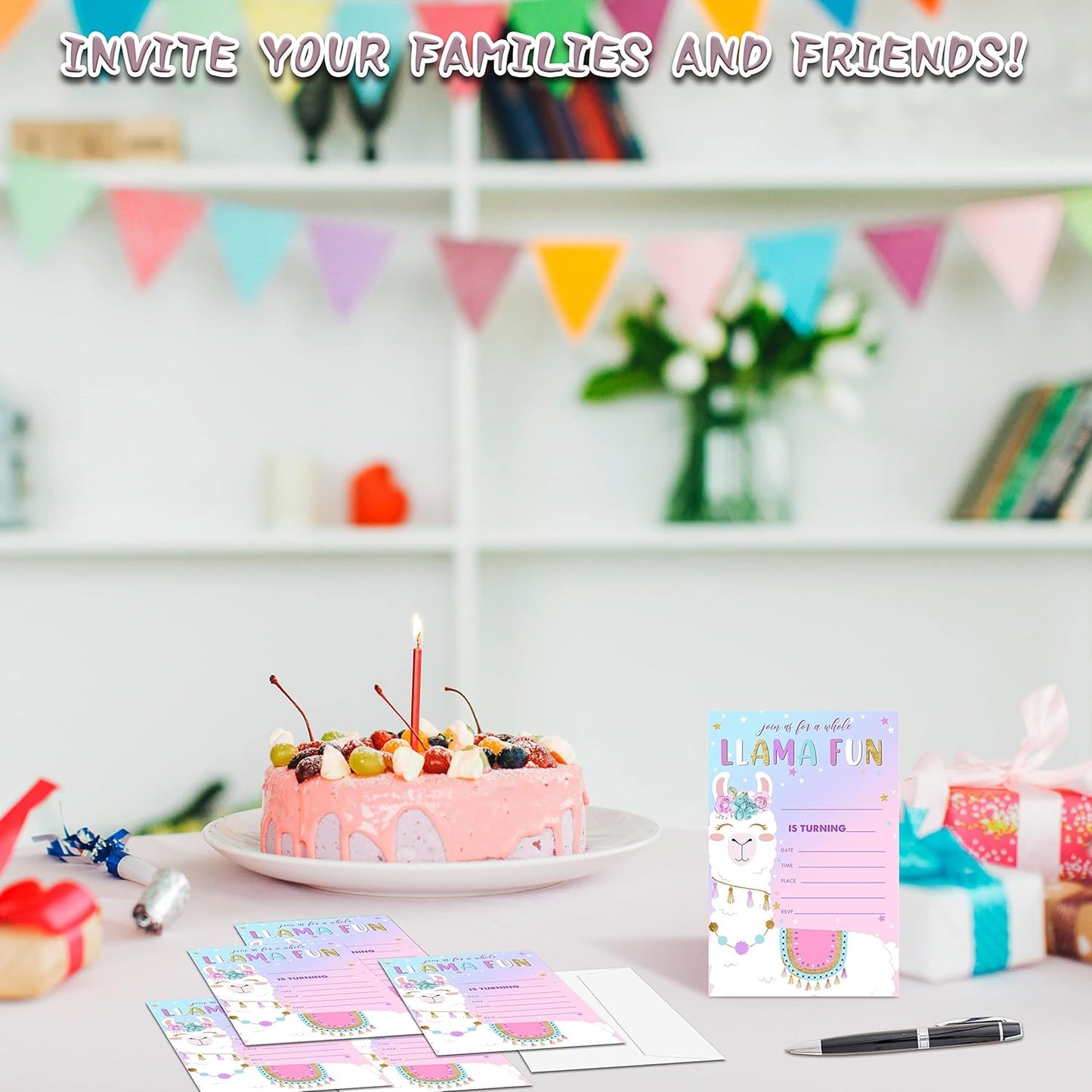 Llama Birthday Party Invitations, 20-Count A Whole Llama Fun Alpaca Birthday Party Invites With Envelopes-HBYQK-B52