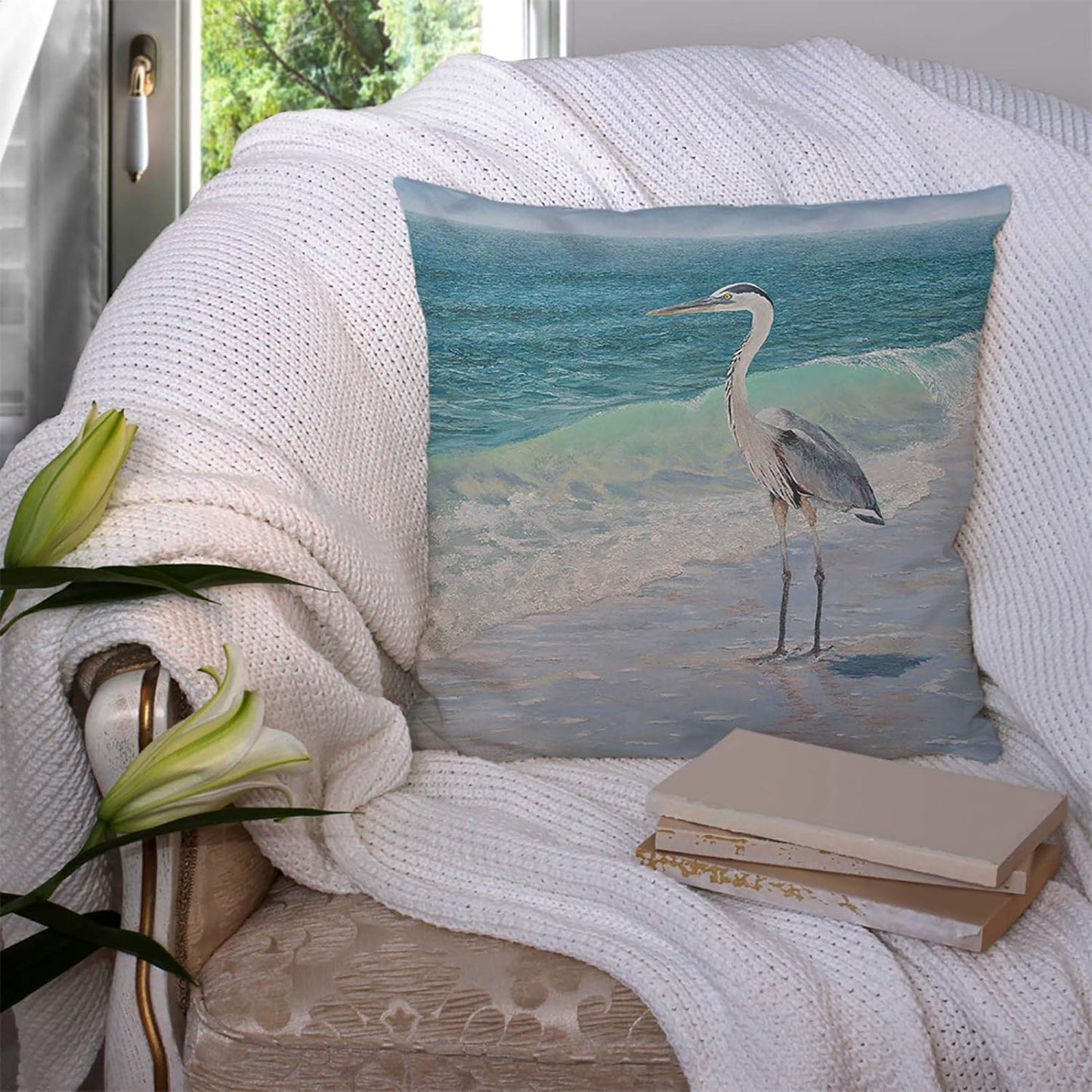 Throw Pillow Covers Blue Heron On The Beach Sea Wave Watercolor Painting Cotton Cotton Linen Decorative Square Pillowcases Cushion Cover 18 X 18 Inch