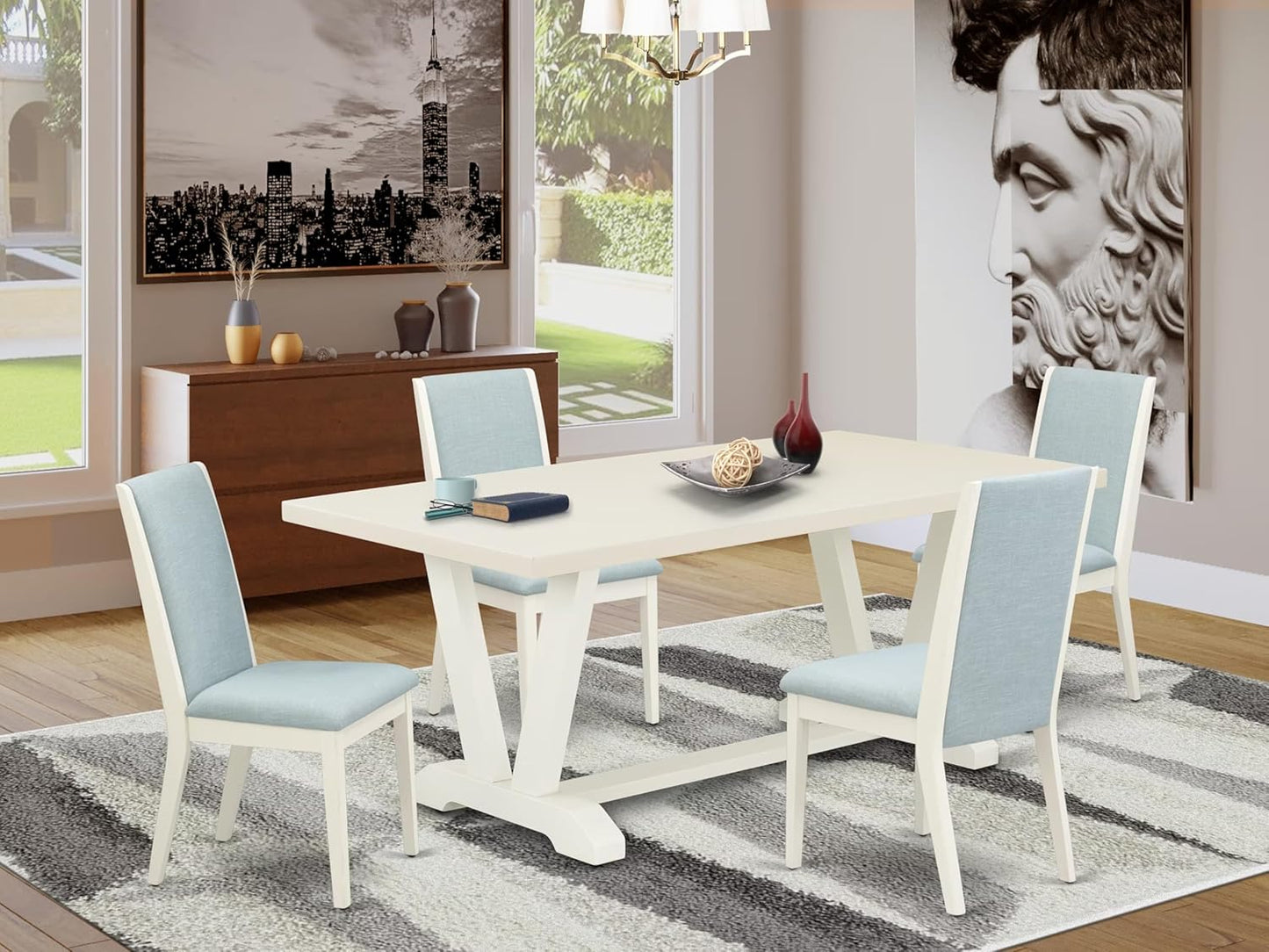 East West Furniture V027LA015-5 5 Piece Dining Room Table Set Includes a Rectangle Kitchen Table with V-Legs and 4 Baby Blue Linen Fabric Parson Dining Chairs, 40x72 Inch, Multi-Color