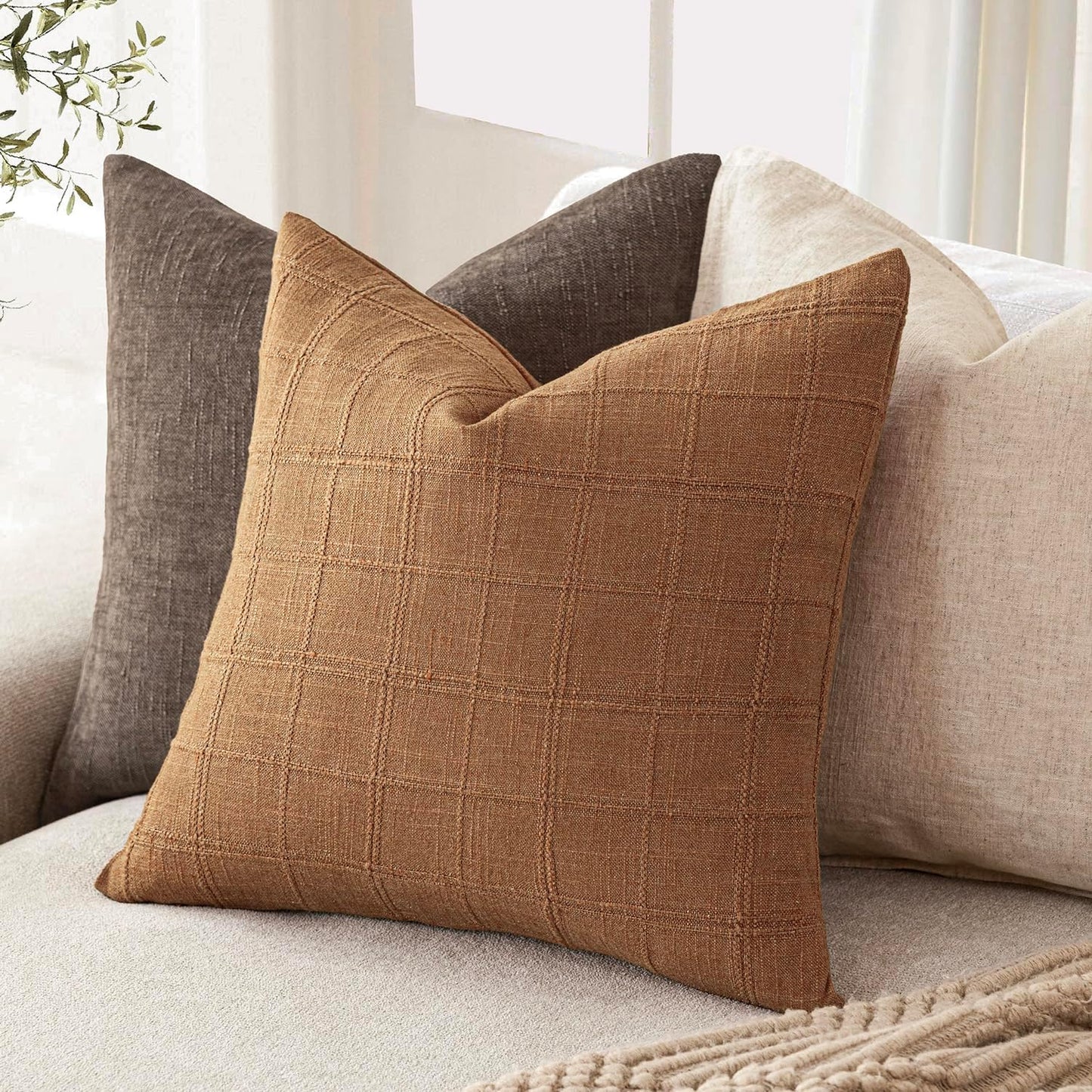 Foindtower Set of 2 Decorative Linen Check Throw Pillow Covers Neutral Farmhouse Vintage Cushion Covers Modern Boho Home Decor for Sofa Chair Couch Bedroom Living Room Outdoor,20×20 Inch,Brick