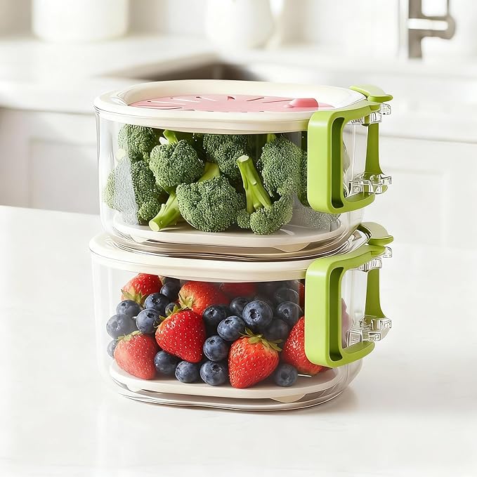 Fruit Vegetable Washing Bowl with Strainer, Berry Lettuce Keeper for Fridge Refrigerator Organization, Portable Colander for Kitchen Fridge, Drainer Container With Lid, 2 Pack (Pink)