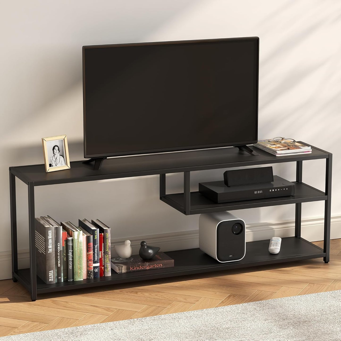TECHMILLY Modern TV Stand for 65" TV, TV Table with Storage Shelves, Entertainment Center with Metal Frame, TV Console Table for Living Room, Bedroom, Black