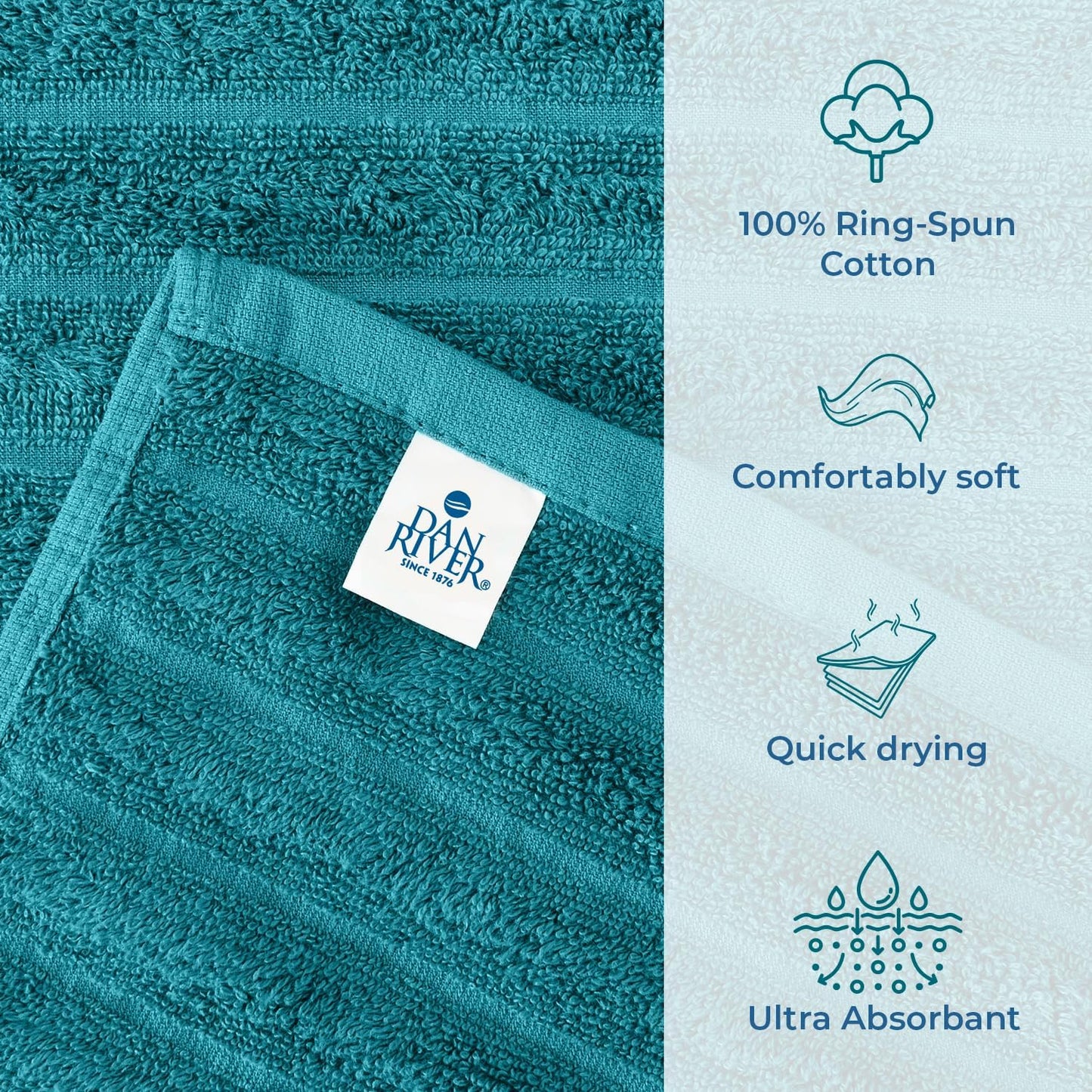 Dan River Pack of 2 Bath Sheet 35x70 Inches, Premium Ribbed Oversized Towels for Adults, Super Soft and Quick Dry - Teal