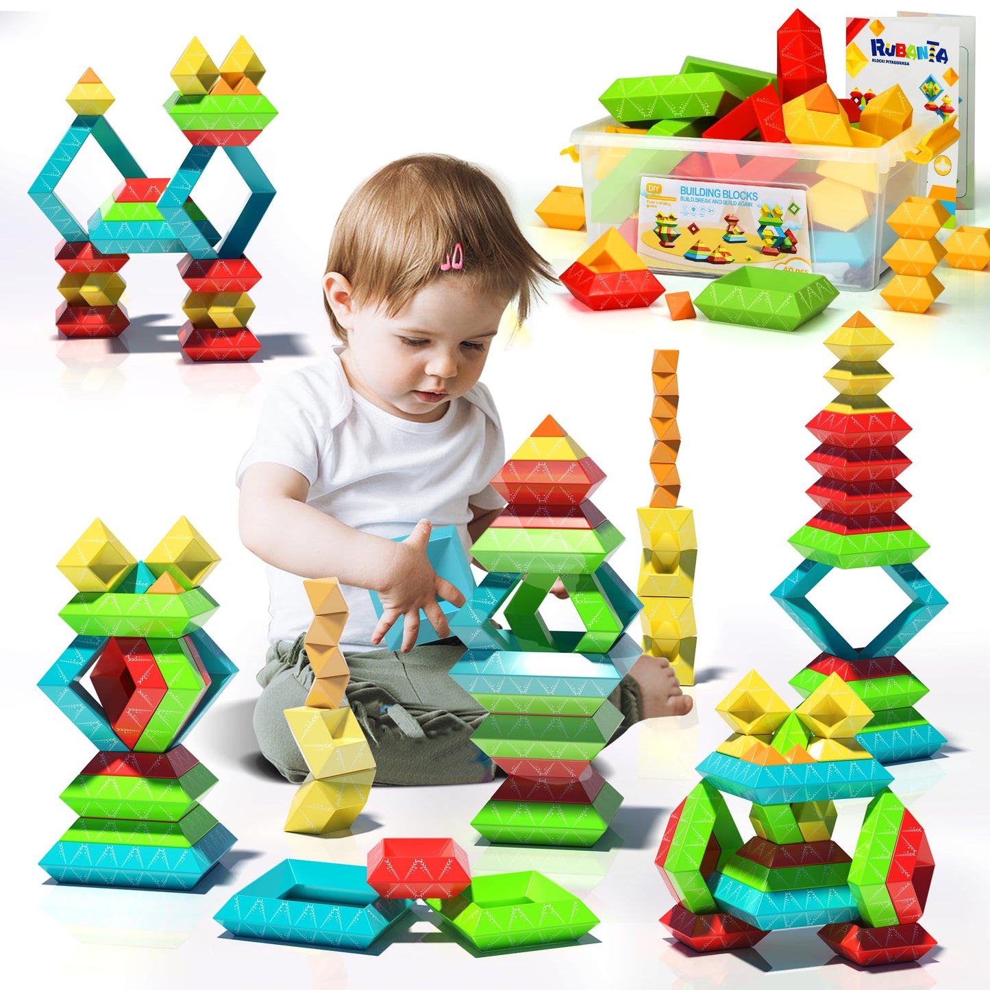 40Pcs Building Blocks Toys for Ages 3 4 5 6 Toddlers,Pyramid Stacking Toys,3D Montessori Preschool Learning Blocks for Kids,STEM Sensory Toy Gifts for 2-4 Years Old Boys Girls,Plastic Storage Box Set