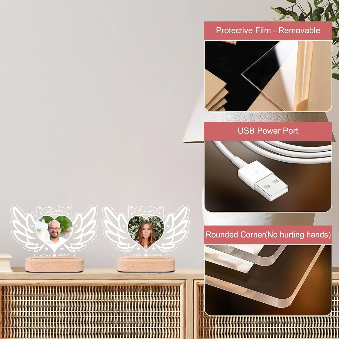 Personalized Memorial Picture Frame Night Light Lamp, Sympathy Gift for Loss of Loved One, in Memory of Dad, Mom, Husband, Sister, Friend, Funeral Mourning Ideas