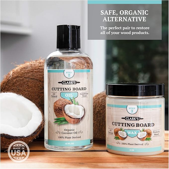 CLARK'S Cutting Board Care Kit with Coconut Oil - Includes Butcher Block Oil and Wax - Made with Refined Coconut Oil, Natural Beeswax, and Carnauba Wax - For Kitchen Countertops and Butcher Blocks