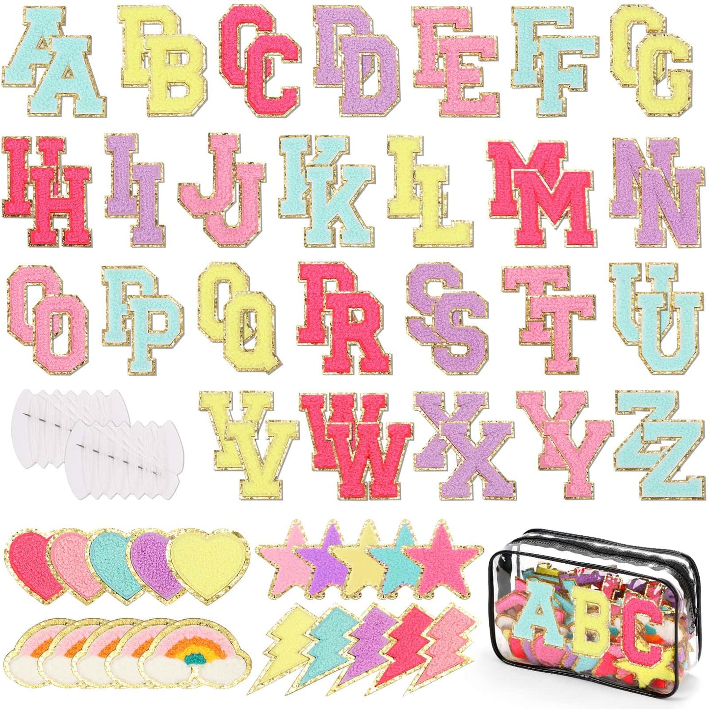 Iron on Chenille Letters Patches, 72 Pcs Self Adhesive Patches Alphabets 2.2 Inch Sew on Patches Varsity Initial Fabric Stickers Fuzzy Towel Embroidered Patches for Clothing Caps