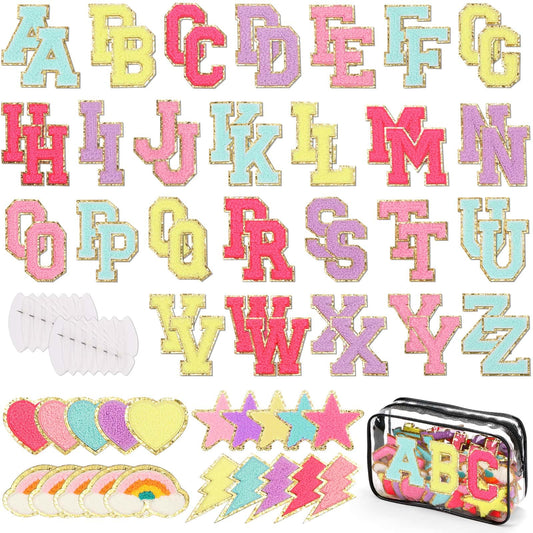 Iron on Chenille Letters Patches, 72 Pcs Self Adhesive Patches Alphabets 2.2 Inch Sew on Patches Varsity Initial Fabric Stickers Fuzzy Towel Embroidered Patches for Clothing Caps