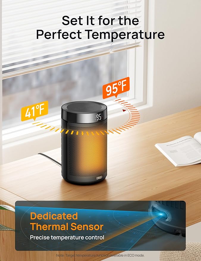DREO Space Heater, Portable Electric Heaters for Indoor Use with Thermostat, Digital Display, 1-12H Timer, Eco Mode and Fan Mode, 1500W PTC Ceramic Fast Safety Heat for Office Bedroom Home, Black