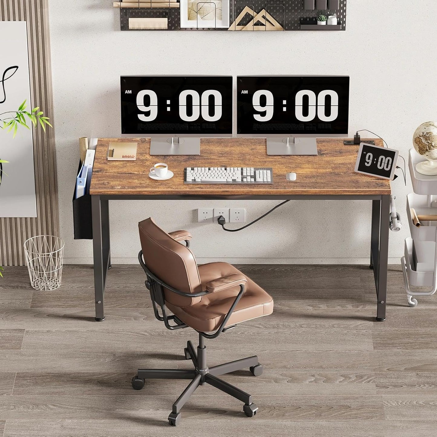 Lufeiya Gaming Desk with Power Outlet, 55 inch Teen Study Table Home Office Work Writing Computer Desks with Charging Station Outlets Built in, Brown
