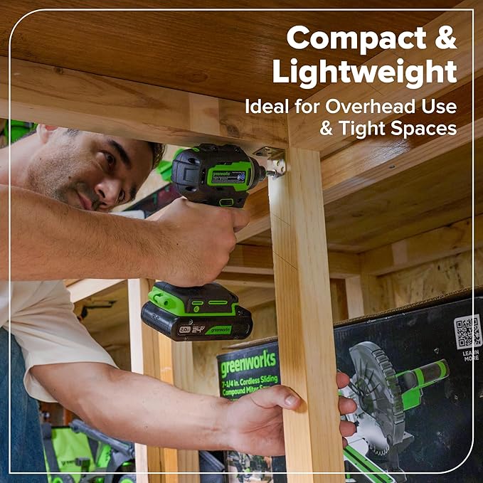 Greenworks 24V Brushless Cordless Impact Driver (1950 in-lbs.), 1/4" Hex Collet, 2.0Ah USB-C Battery, 30W USB-C Charger & 3.3FT Braided Cable, Compatible with iPhone/iPad/Samsung & More