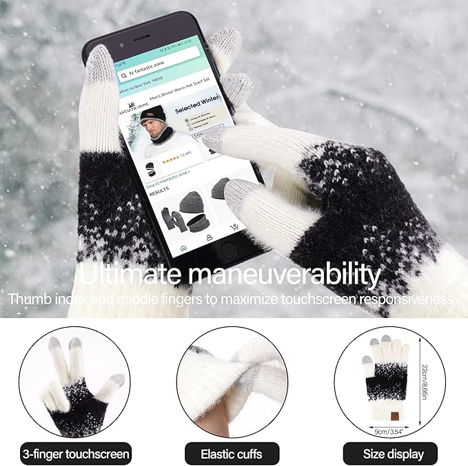 Womens Winter Knit Beanie Hats and Touchscreen Gloves Long Scarf Set with Warm Fleece Lined Skull Caps Scarves for Women