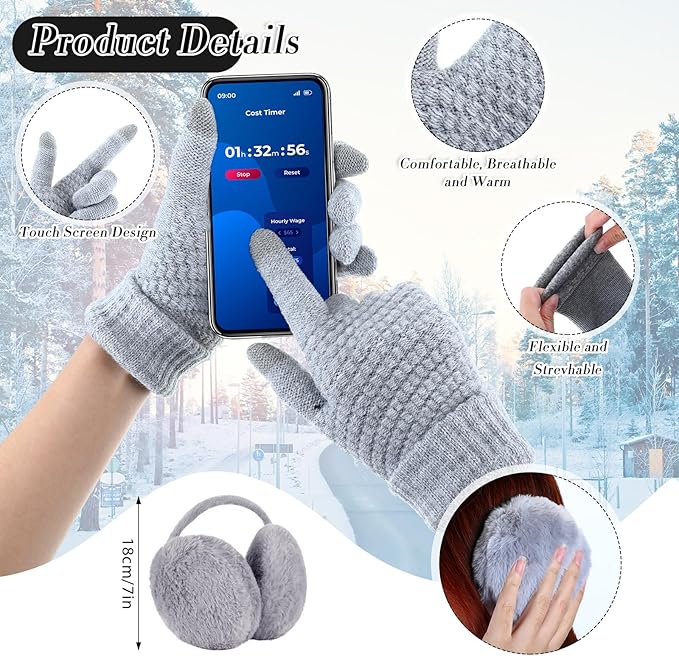 SATINIOR 5 Pcs Winter Hat Scarf Gloves Set Fleece Warm Lined Knit Beanie Hat Touch Screen Earmuff Gloves Warmer for Women(Grey,Stylish Style)