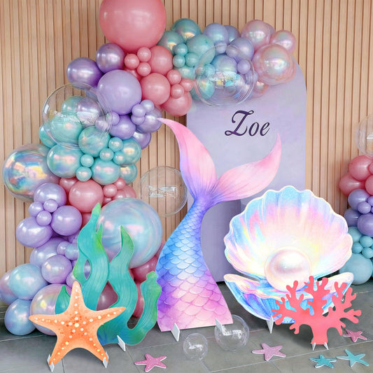 CORALMEE 5 Pcs Large Under the Sea Party Decorations Mermaid Birthday Decorations, Ocean Theme Party Supplies Mermaid Tail Shell Starfish Seaweed Coral Stand Up Cardboard Cutouts for Baby Shower