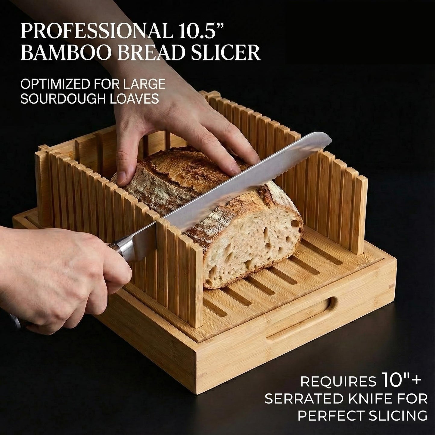 Bamboo Bread Slicer for Homemade Bread - Sturdy Bread Cutting Guide with Crumb Catcher Tray & Serving Board - Bread Cutter Machine for Loaf, Sandwich, Baking
