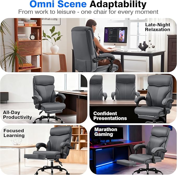 Office Chair - Ergonomic Comfortable High Back Computer Desk Chair with Foot Rest - Executive Breathable Swivel Rolling Reclining Leather Chair with Lumbar Support for Home Gaming Relaxing