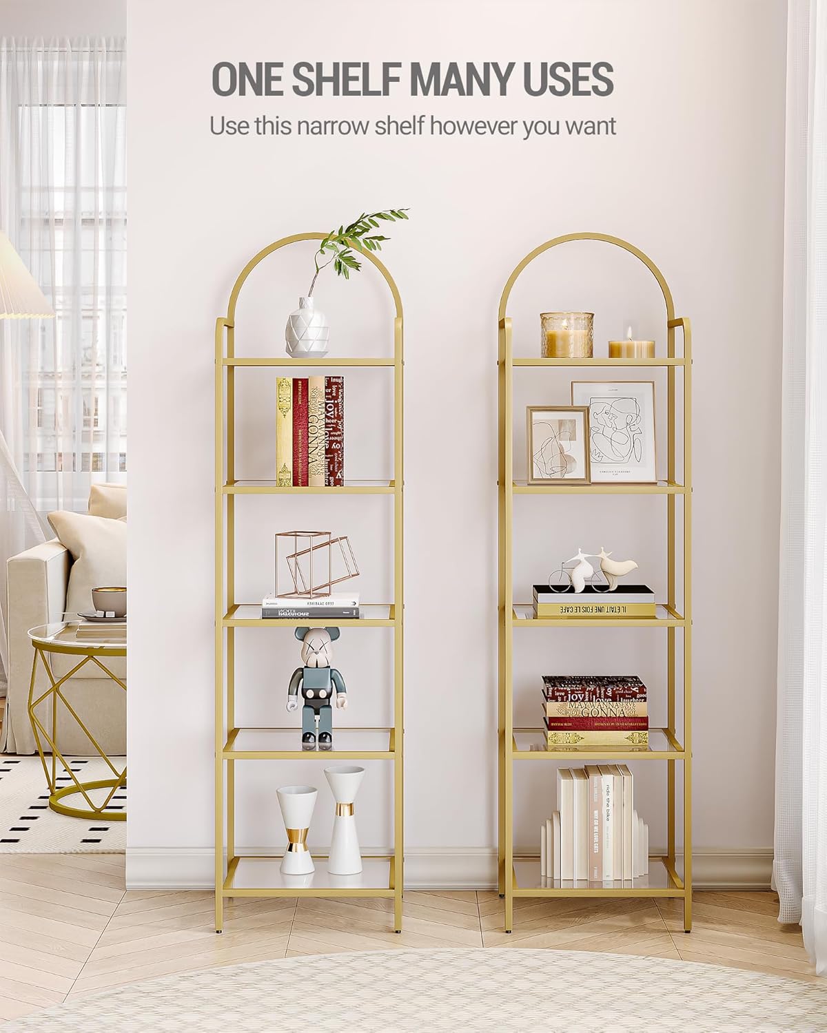 Bookcase Bookshelf, Tempered Glass Bookshelves, Slim Shelving Unit for Bedroom, Bathroom, Home Office, Steel Frame, 6 Tier Gold BC10601G