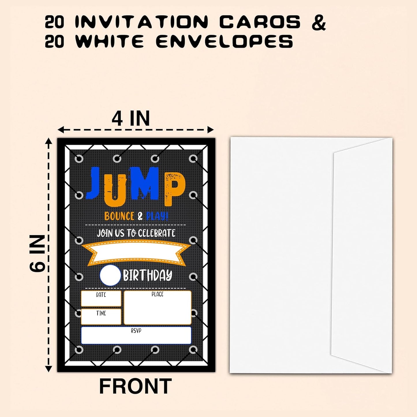 CLIRBE Trampoline Jump Birthday Party Invitations, Birthday Invitations For Boys, Kids Boy Birthday Invitation, 20 Invitations with 20 Envelopes - E01