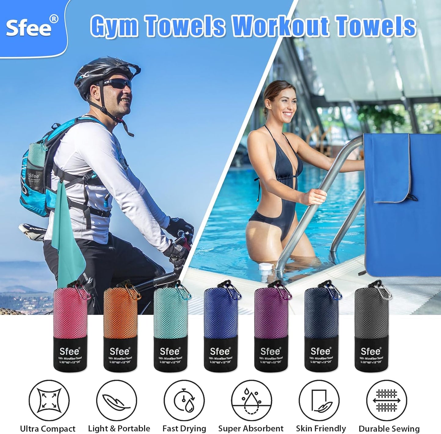 Sfee 2 Pack Microfiber Travel Towel, Quick Dry Towel Camping Beach Towel Super Absorbent Compact Lightweight Sports Gym Towels Set for Beach, Gym, Hiking, Pool, Backpacking, Bath, Yoga