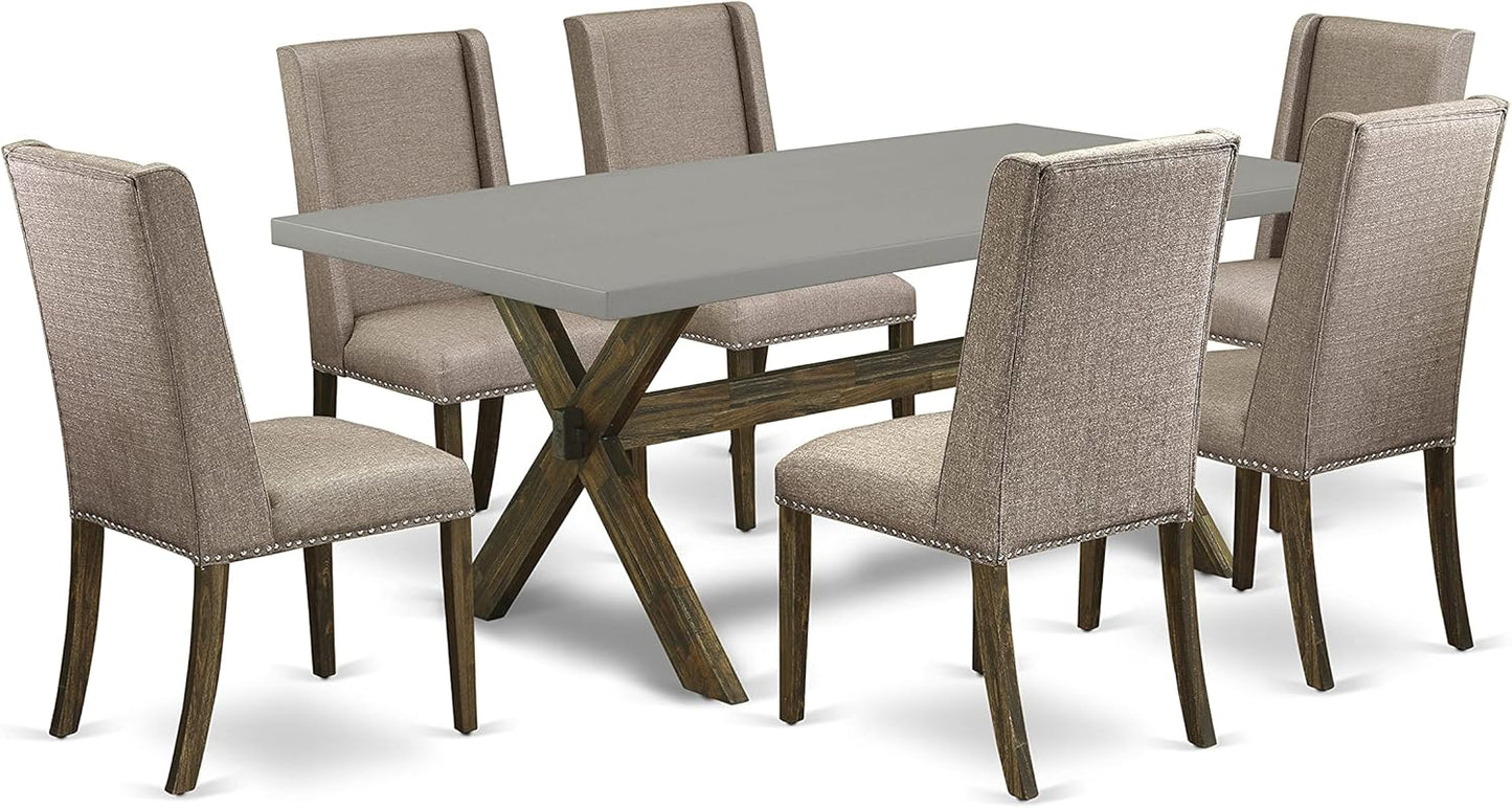 East West Furniture X797FL716-7 7 Piece Dining Table Set Consist of a Rectangle Kitchen Table with X-Legs and 6 Dark Khaki Linen Fabric Upholstered Chairs, 40x72 Inch, Multi-Color